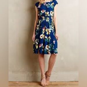 Maeve Anthropologie Blue Floral Smocked Waist Midi Dress Size M